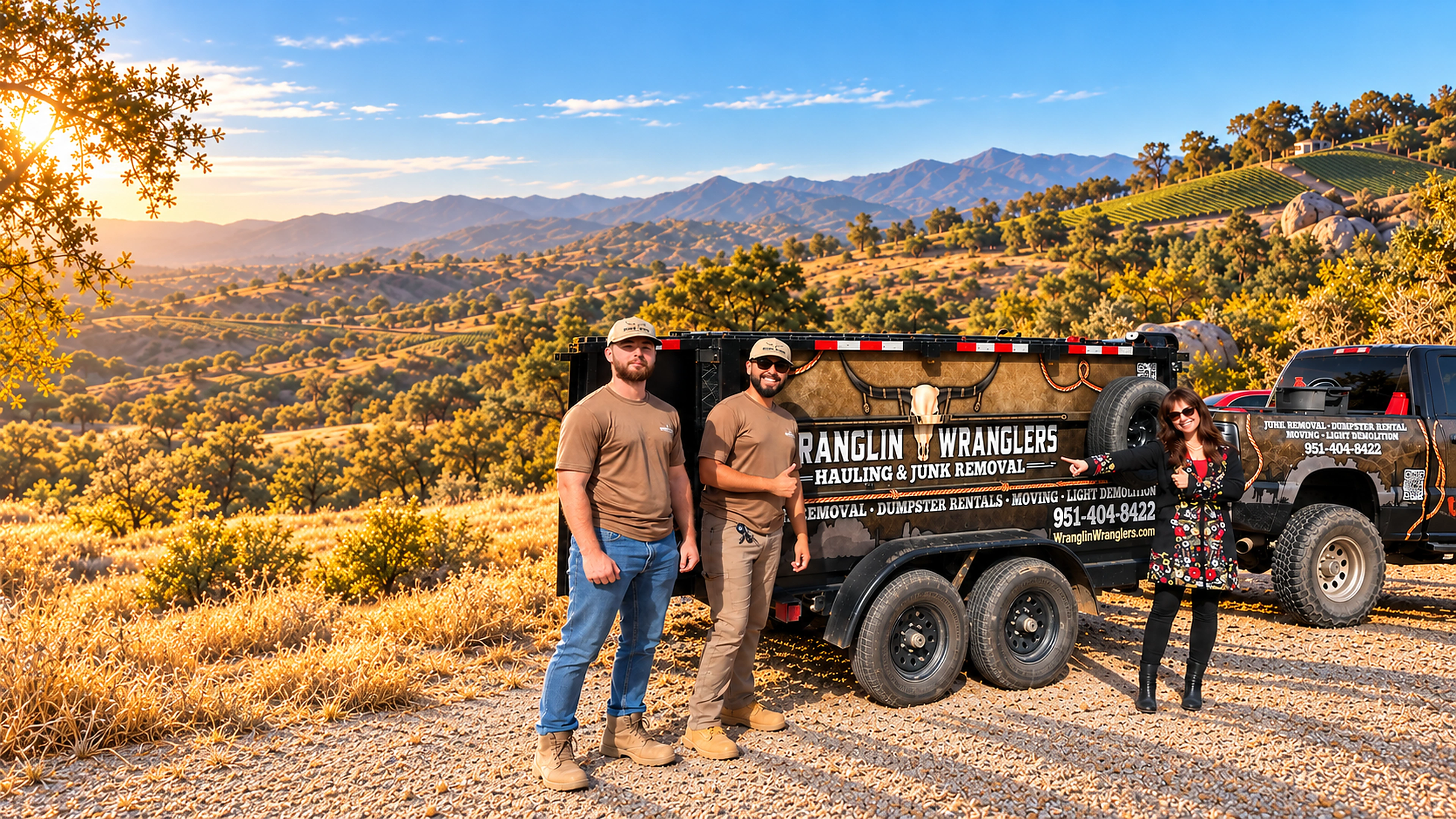 Wranglin' Wranglers local hauling crew with their branded truck and trailer in the Temecula Valley